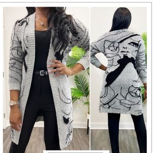 Beautiful Gray Women’s Cardigan Woman’s Face Detail. Perfect For Layering.